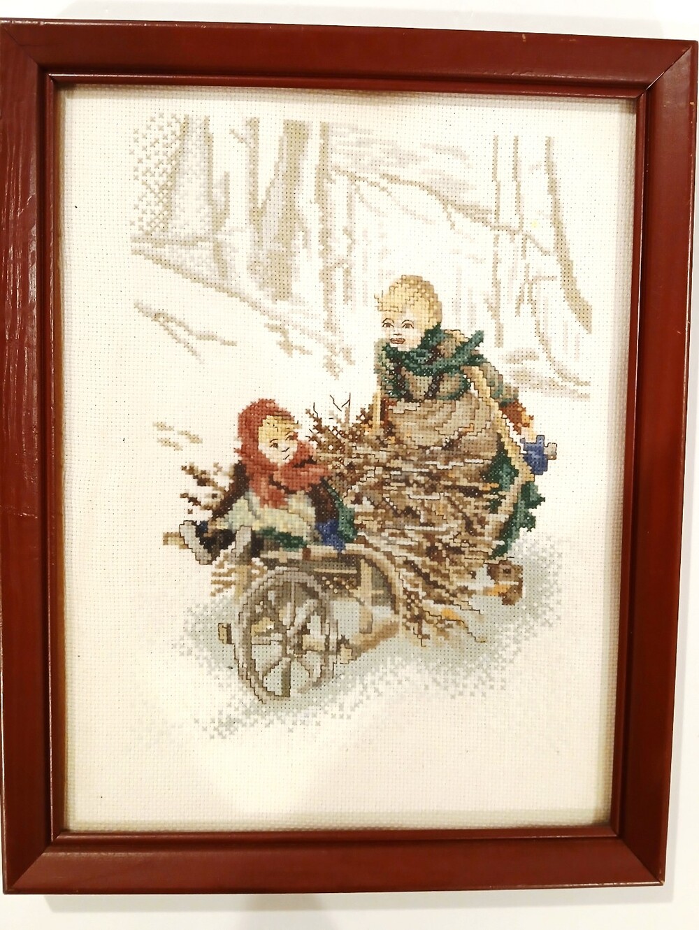 Vintage Handmade Winter Children Cross-Stitch Art in Brown Frame
